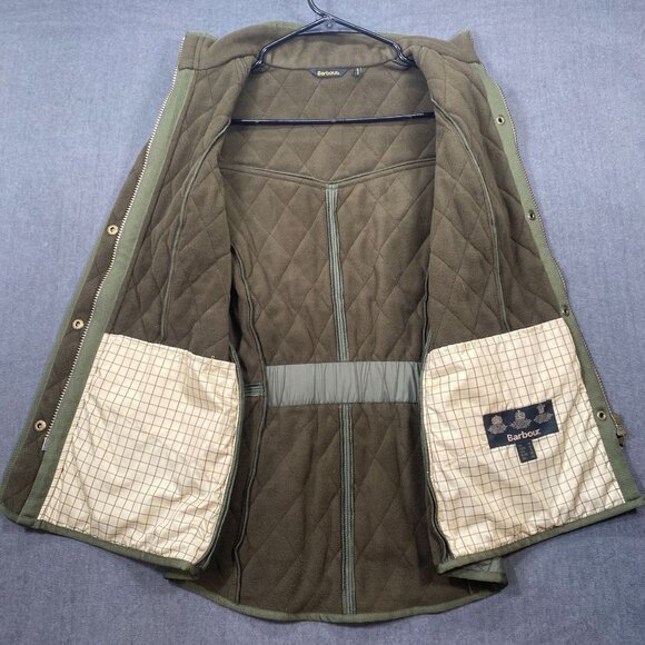 Barbour Olive Green Quilted Vest With Gold Snap Buttons & Pockets Womens Size 6 - Picture 2 of 11